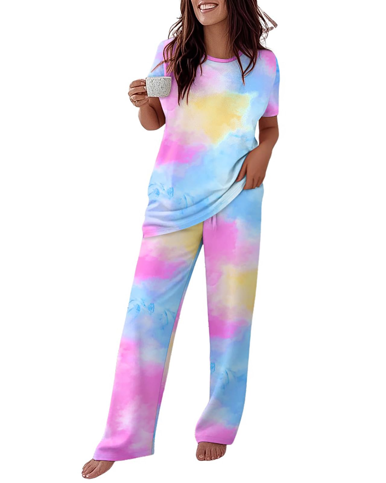 CHICME Womens Pajamas Sets 2 Piece Short Sleeve Lounge Set Printed Loose Pants Pj Sets Loungewear Set Ombre