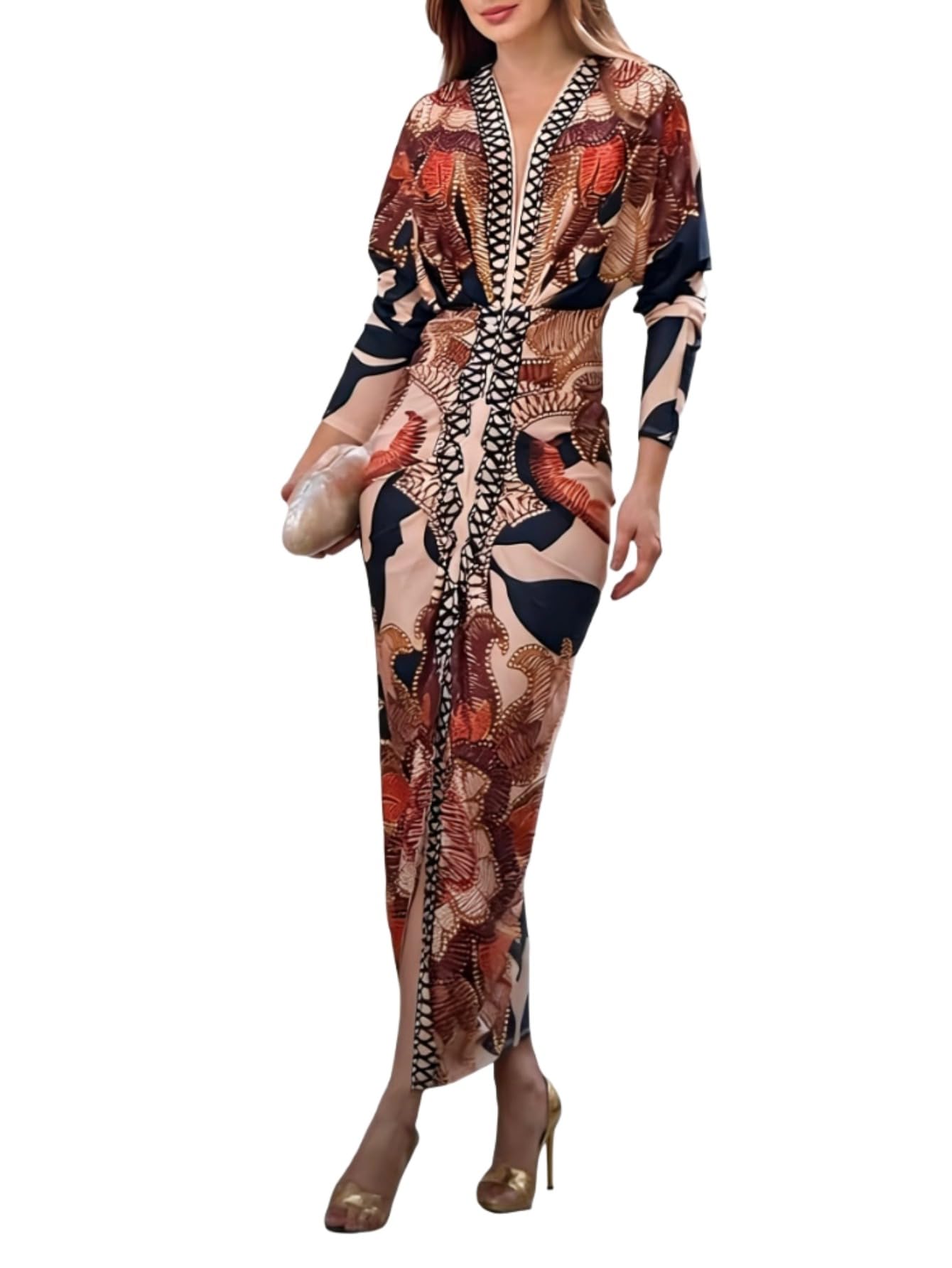 CHICME Women's Bodycon Long Sleeve Dress Casual Plunge V Neck Ruched Midi Dress Fall Bodycon Slit Office Work Dresses
