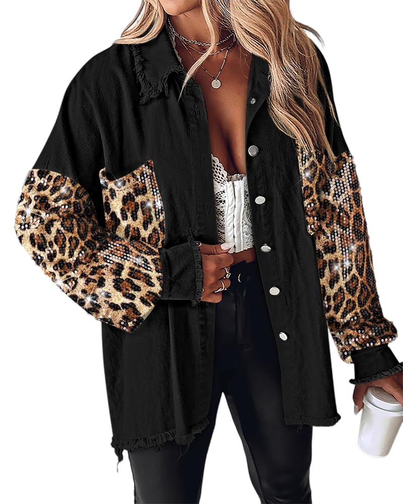 CHICME Womens Oversized Casual Denim Jackets Contrast Leopard Sequin Long Sleeve Jacket Top Button Front Raw Hem Shacket