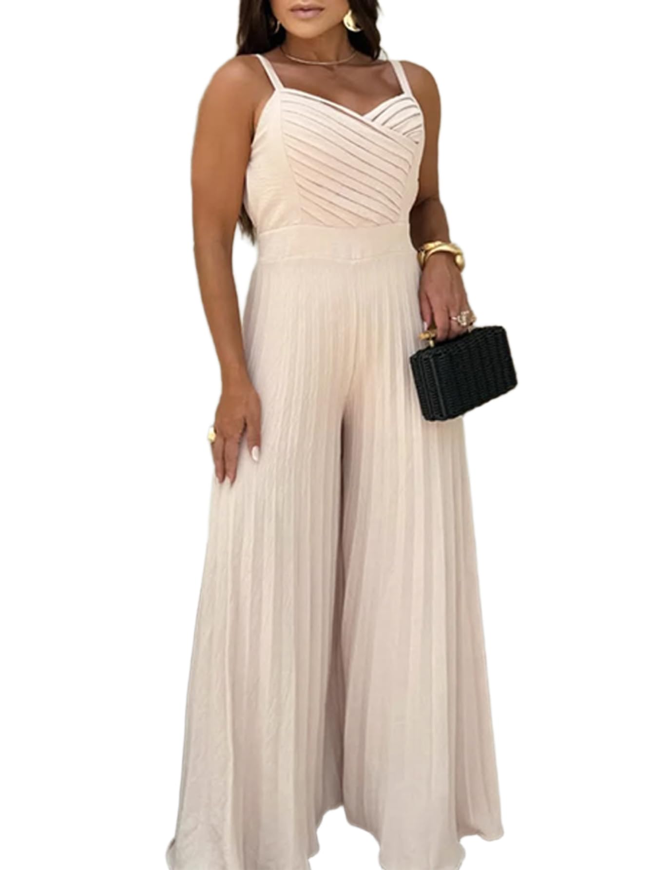CHICME Women¡¯s V Neck Spaghetti Strap Jumpsuits Wide Leg Pleated Pants Summer Cami Overalls