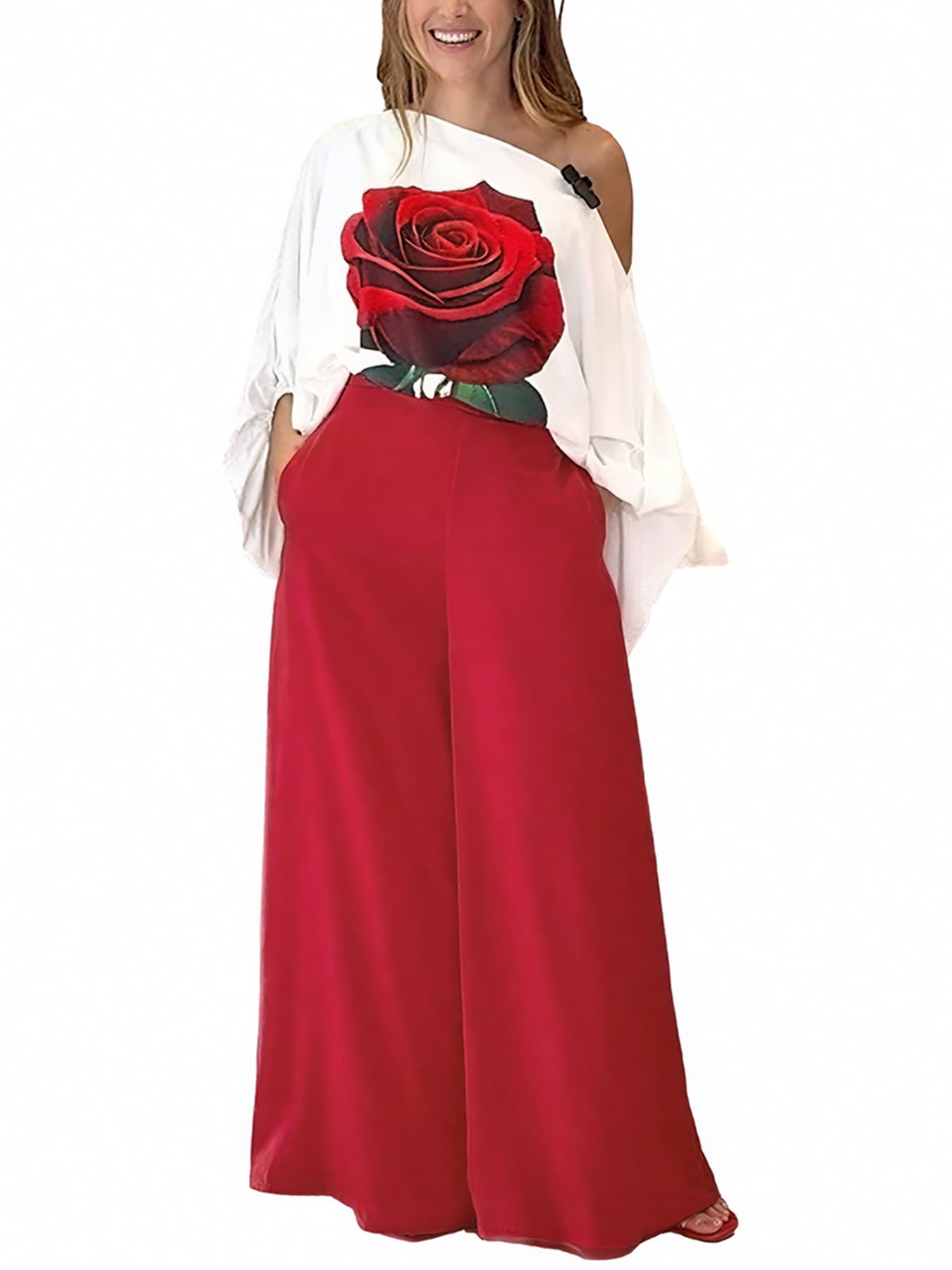 CHICME Women Two Piece Sets Off Shoulder Rose Print Lantern Sleeve Top Flowy Wide Leg Pants Set