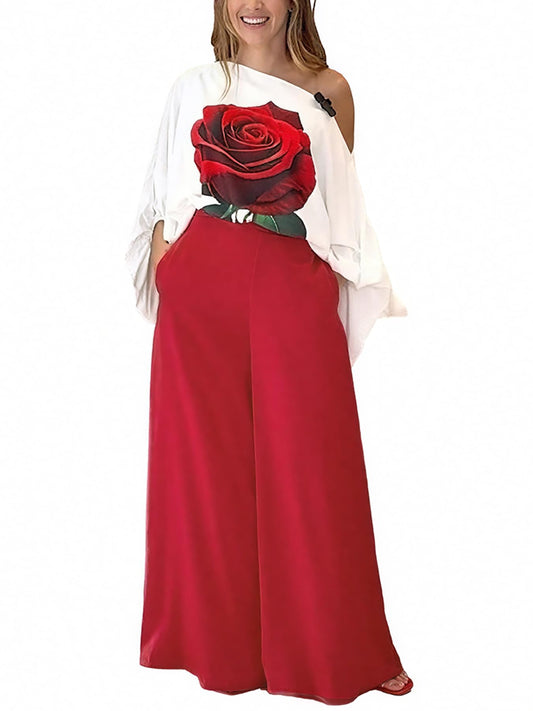 CHICME Women Two Piece Sets Off Shoulder Rose Print Lantern Sleeve Top Flowy Wide Leg Pants Set