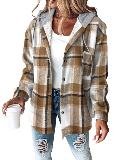 CHICME Womens Lightweight Casual Jacket Plaid Long Sleeve Shacket Fleece Lined Hooded Jackets Warm Coat