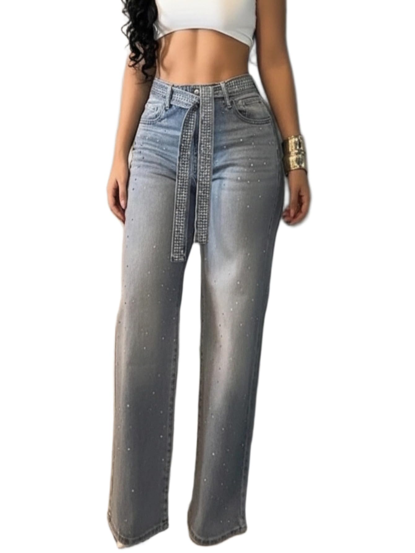 Meghabajaj High Waisted Wide Leg Jeans for Women Rhinestone Embellished Denim Pants with Matching Sparkle Belt (Copy)