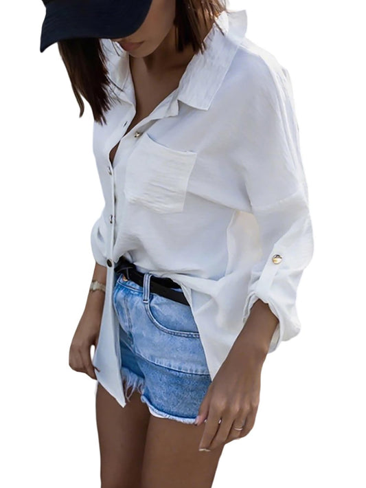 CHICME Women's Blouses Button Down Shirts Long Sleeve Loose Fit Casual Blouse Pocket with V Back Metal Chain for Streetwear and Daily Wear