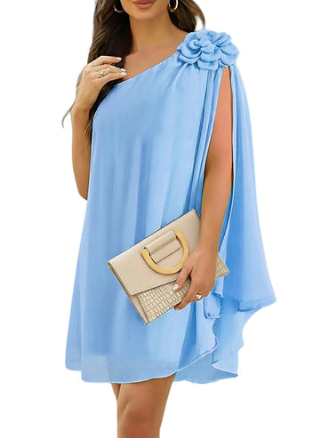 Ck1morris122 Womens Summer Mini Dress One Shoulder Chiffon Spring Dress