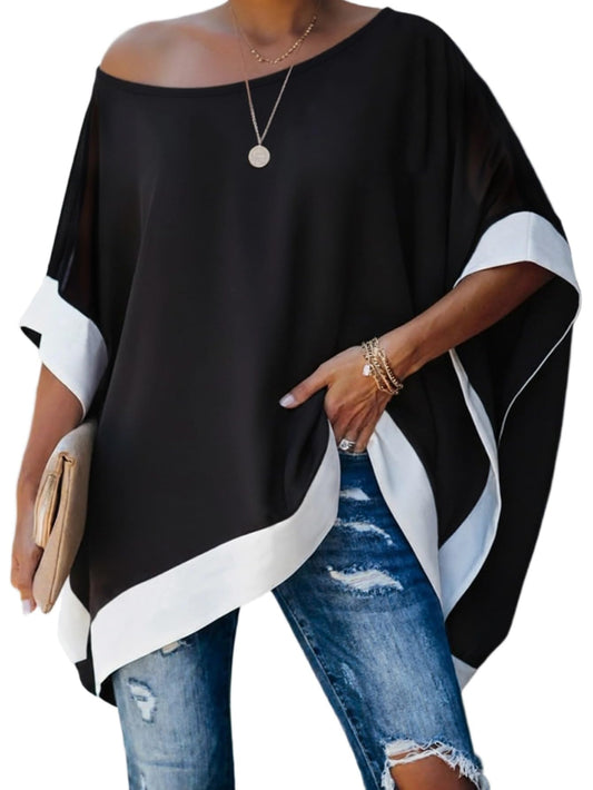 CHICME Women¡¯s Batwing Short Sleeve Off The Shoulder Blouse Color Block Loose Casual Work Tunic Tops-bk-L Black