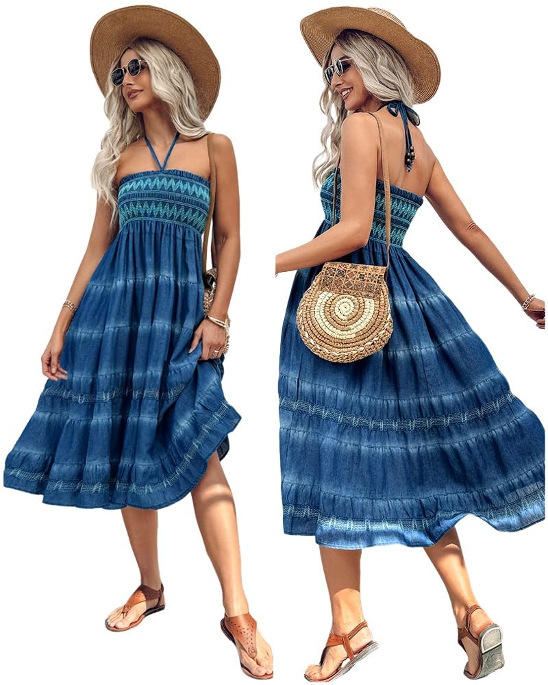 CHICME Women Long Midi Denim Skirts Two-Way Wear Versatile Halter Tiered Flowy A Line Sundress Casual Vacation Beach Midi Dress