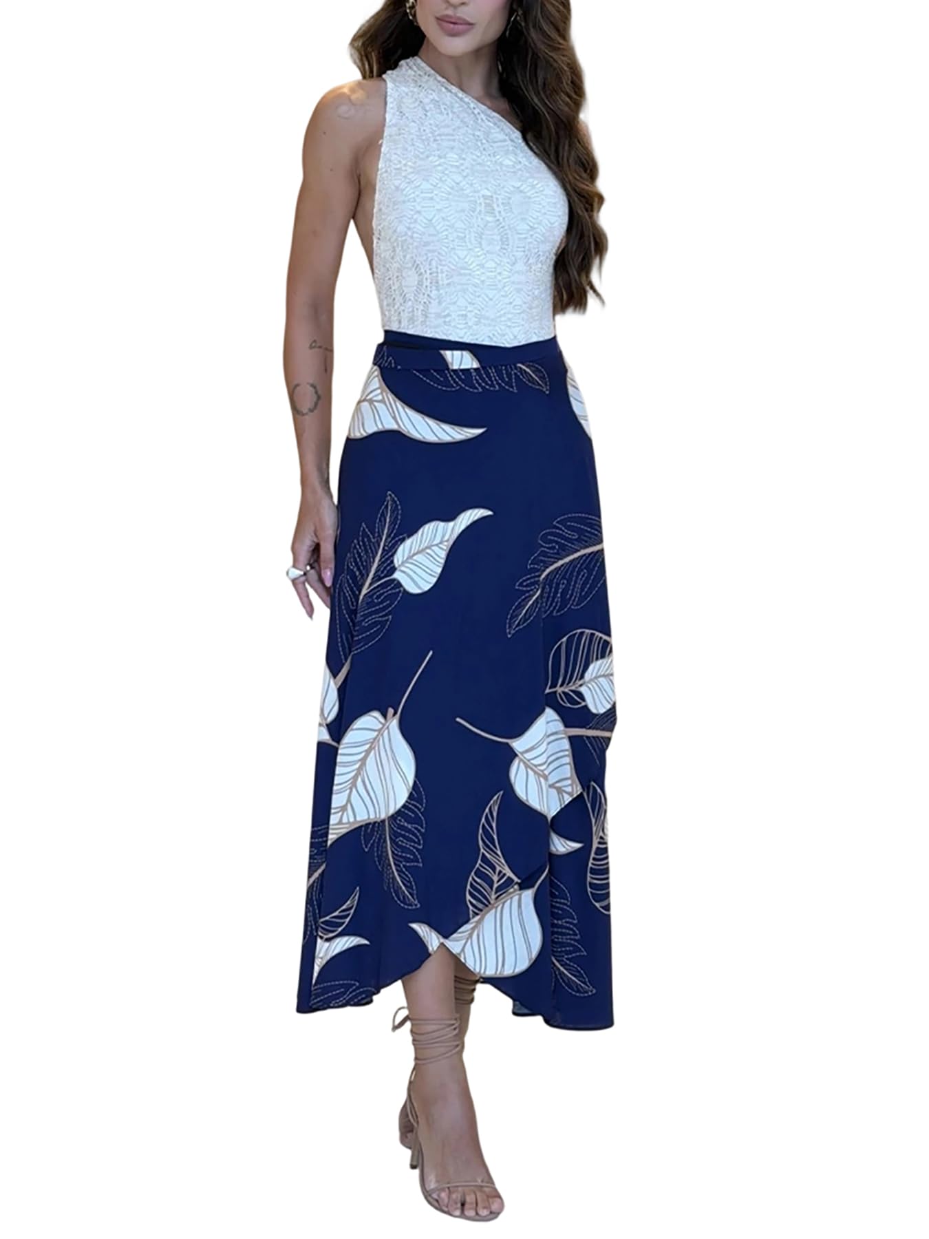 CHICME Womens Beach Skirt Summer 2026 Leaves Print Self Tie Knot Split Hawaii Wrap Skirt-bl-L