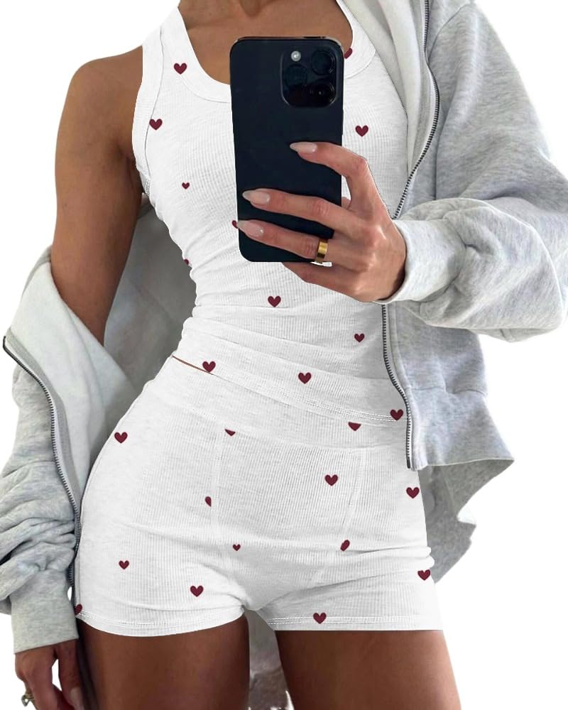 CHICME Womens Pajama Sets Heart Print Casual Sleeveless Tank Top and Shorts Ribbed Knit 2 Piece Lounge Set Summer Sleepwear Cute PJ Set