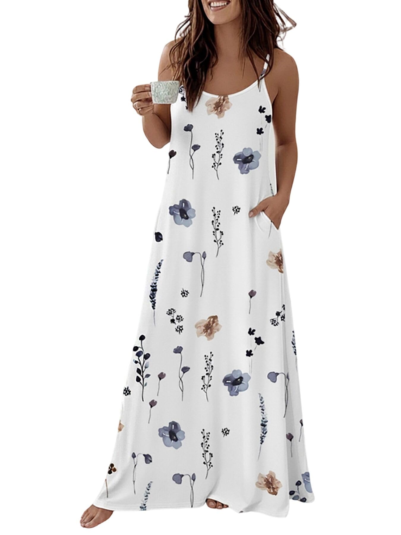 CHICME Allover Watercolor Floral Print U-Neck Adjustable Spaghetti Straps Maxi Dress