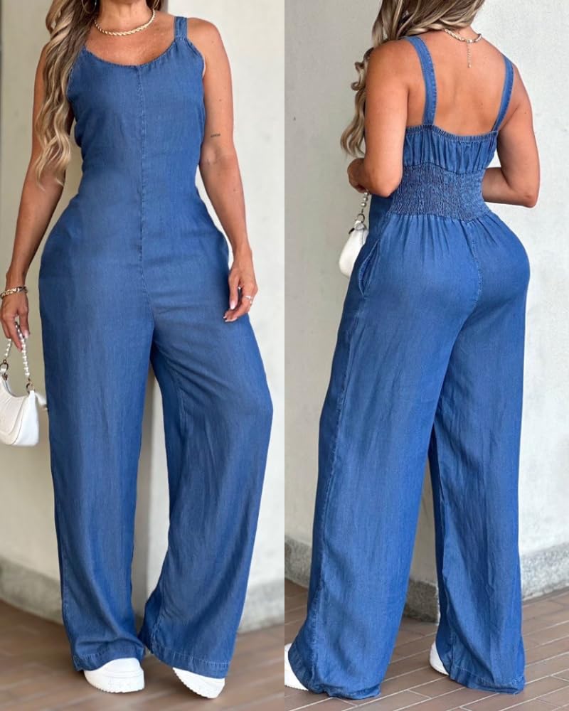 CHICME Women's Casual V Neck Elastic Waist Loose Overalls Jumpsuits One Piece