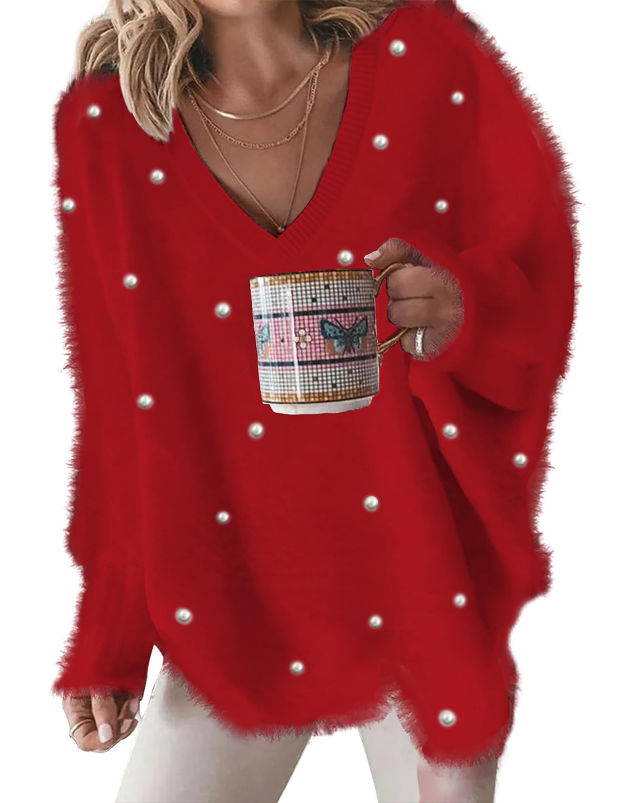 CHICME Womens Cozy Red Sweaters Winter Jumpers V-Neck Beaded Decor Oversized Sweater Fluffy Pullover