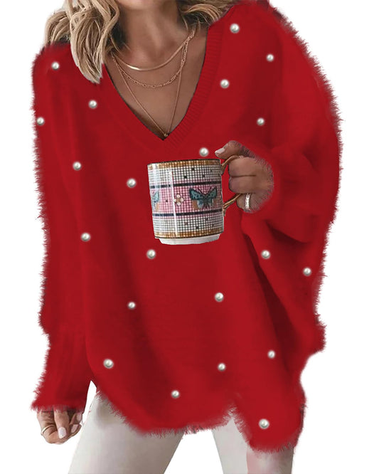 CHICME Womens Cozy Red Sweaters Winter Jumpers V-Neck Beaded Decor Oversized Sweater Fluffy Pullover