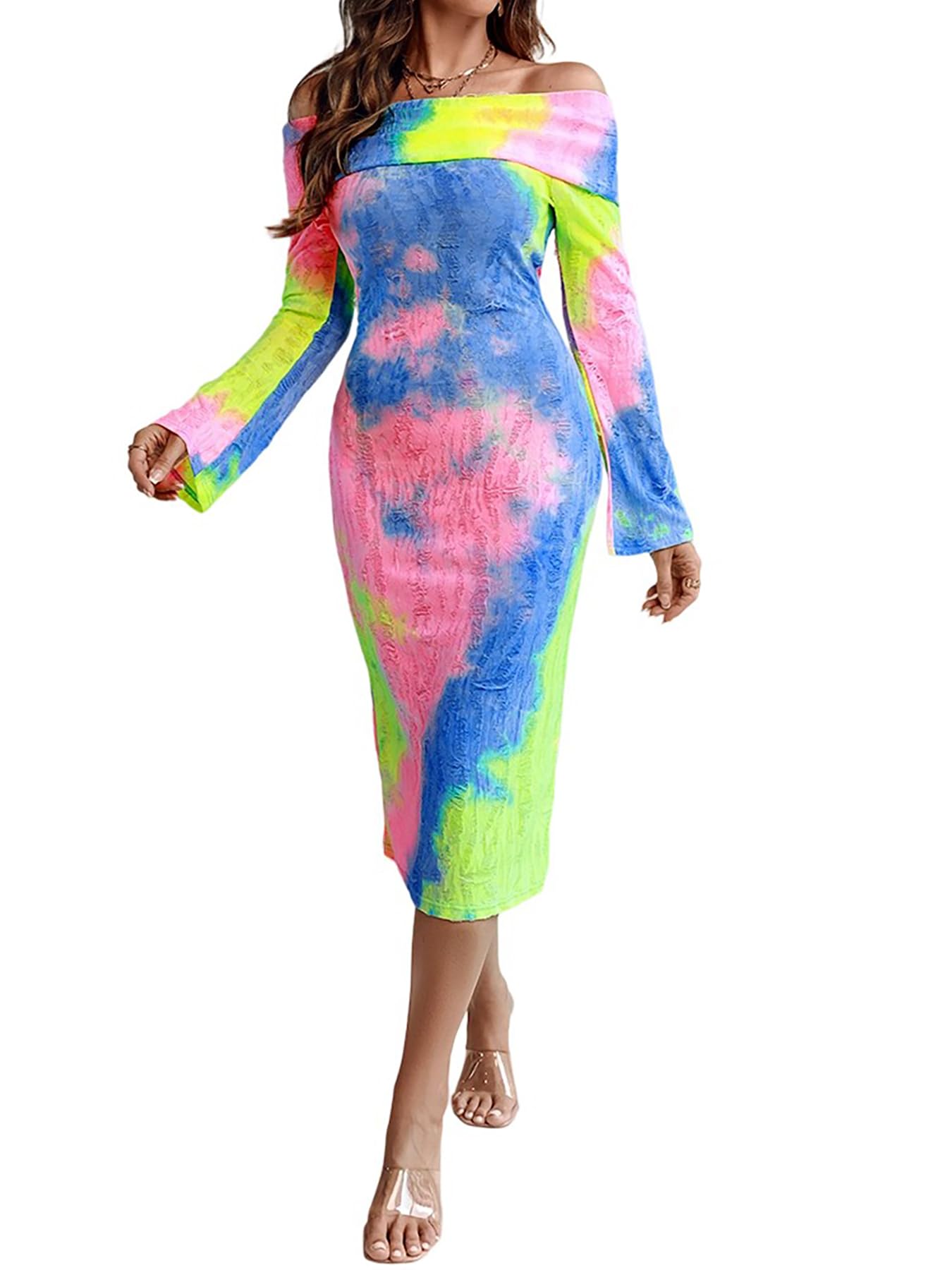 CHICME Women¡¯s Sexy Ombre Print Off Shoulder Bodycon Sweater Dress Long Sleeve Hollow Out Slim Fit Party Midi Dress