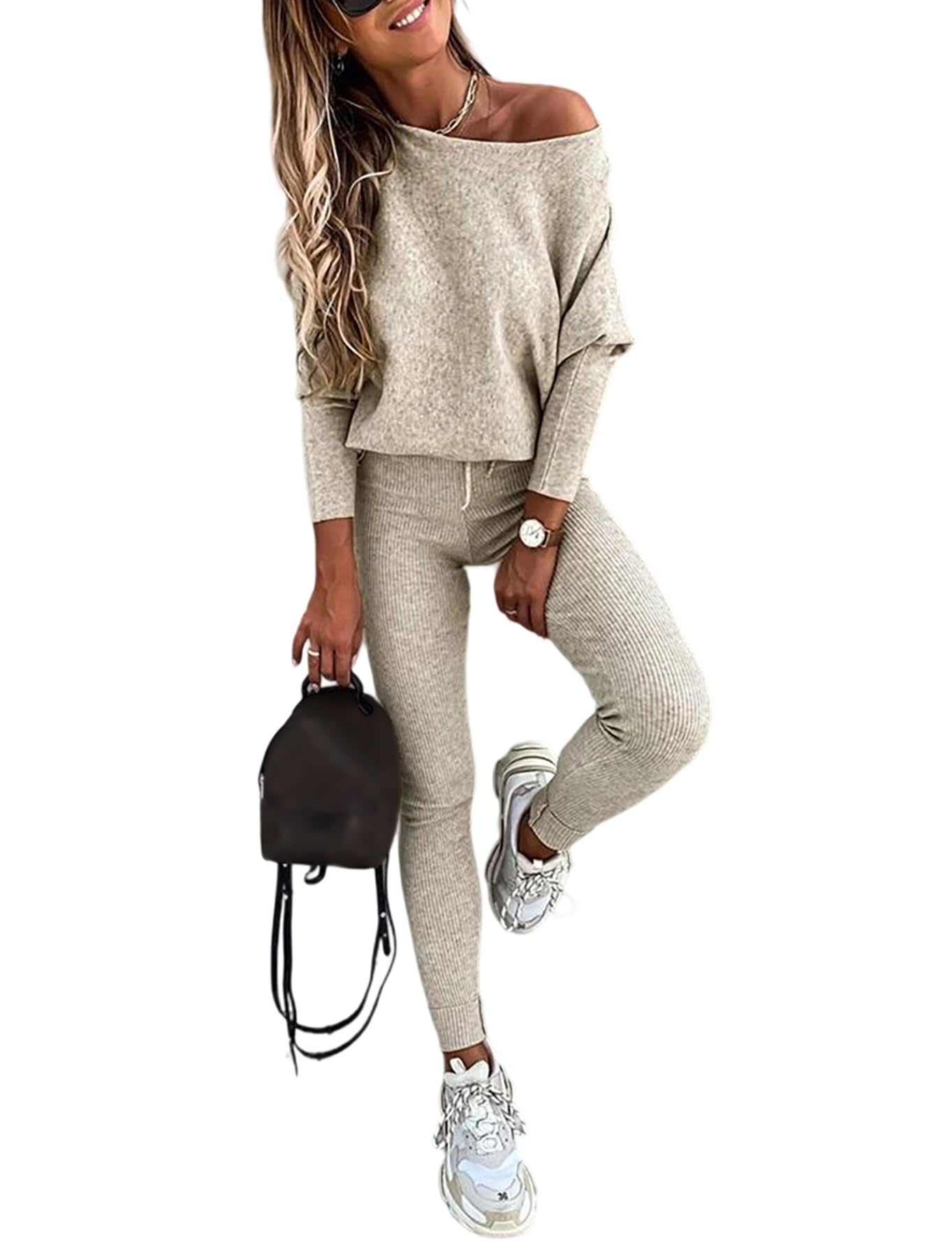 CHICME 2 Piece Lounge Outfit Long Sleeve Knit Pullover Tops Drawstring Pants Set Tracksuit Sweatsuit-be-S