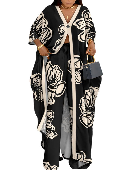 CHICME Women's 2 Piece Outfits Floral Print Batwing Sleeve V Neck Top with High Slit and Loose Wide Leg Pants Matching Lounge Sets