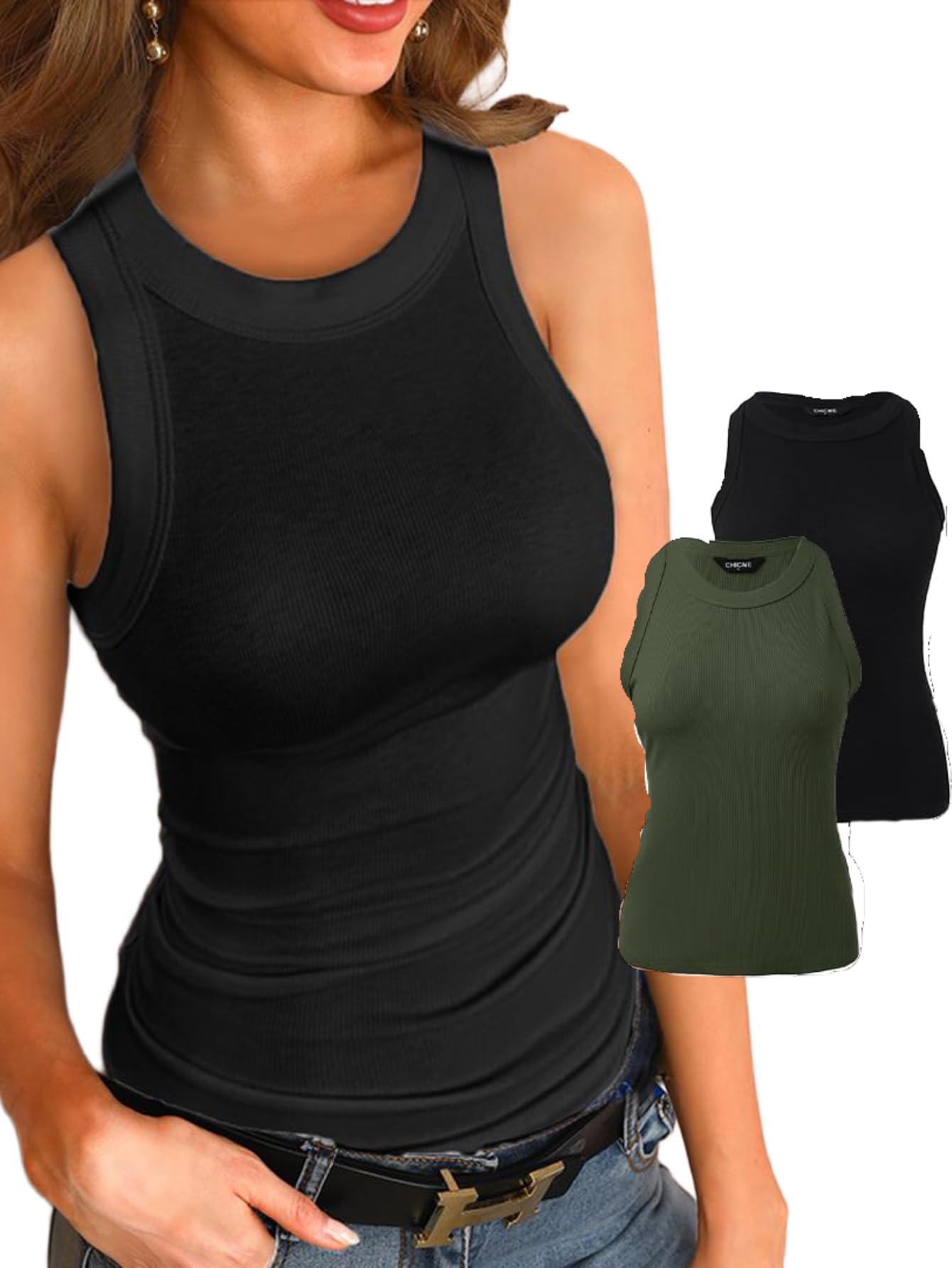 CHICME Womens 2 Piece Sleeveless Tank Tops Summer Casual Basic Ribbed Fitted Thick Strap Racerback Top