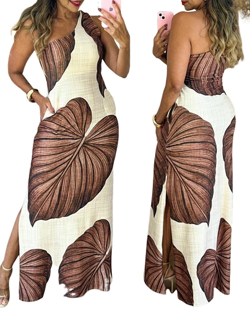CHICME Women's Summer Maxi Dress Casual One Shoulder Sleeveless Boho Sundress Split Travel Vacation Dresses with Pockets
