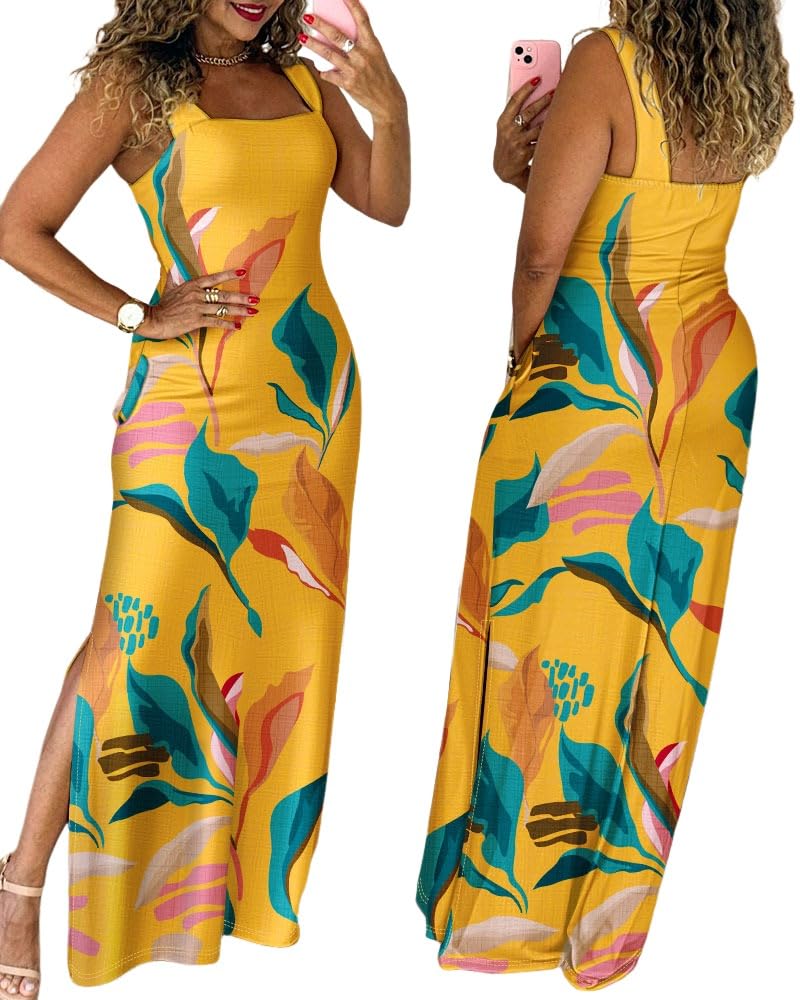 CHICME Women's Summer Maxi Dress Casual Thick Strap Square Neck Boho Sundress Split Travel Vacation Dresses with Pockets
