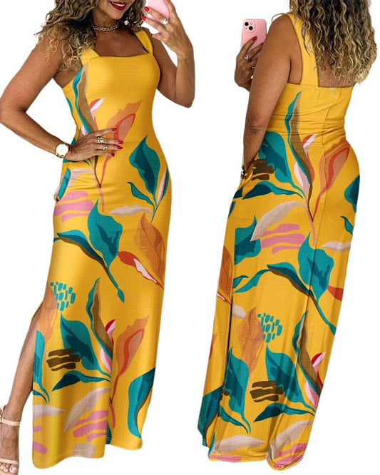 CHICME Women's Summer Maxi Dress Casual Thick Strap Square Neck Boho Sundress Split Travel Vacation Dresses with Pockets