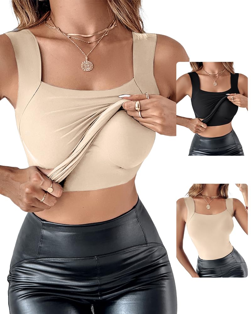 CHICME Womens 2 Pieces Camisole Tops Padded Tank Tops High Strechy Sleeveless Slim Fit Shaping Tops