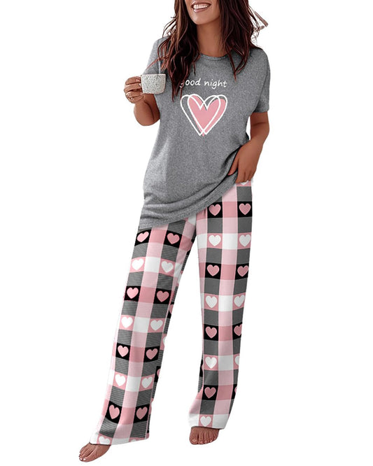 CHICME Womens Pajamas Sets 2 Piece Short Sleeve Lounge Set Printed Loose Pants Pj Sets Loungewear Set Heart