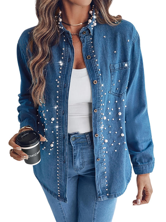 CHICME Womens Pearl Rhinestone Embellished Denim Shirt Long Sleeve Button Down Turn Down Collar Casual Jean Blouse Top for Daily and Party