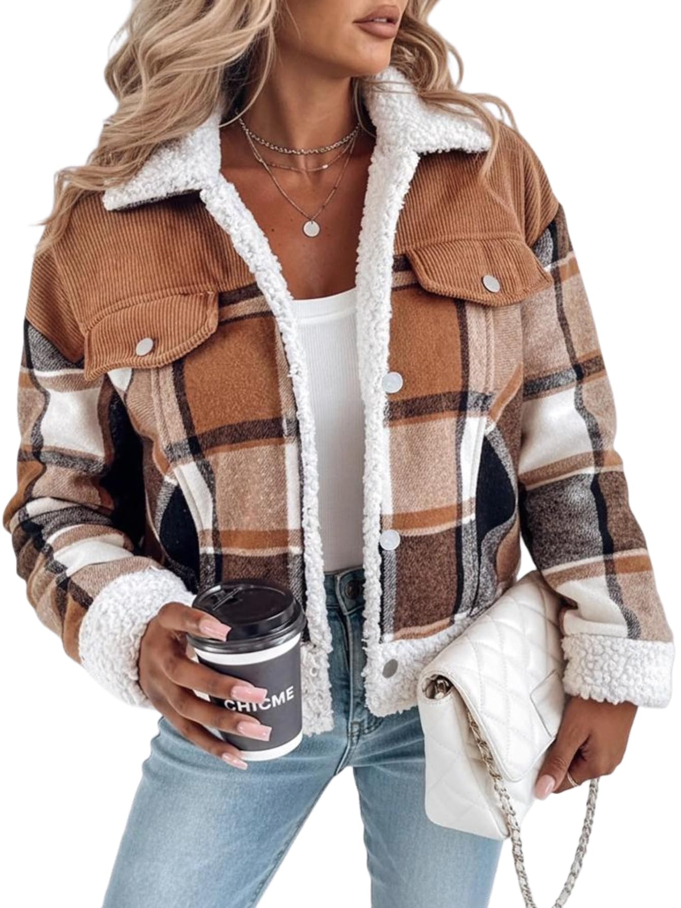 CHICME Womens Plaid Fleece Jacket Long Sleeve Sherpa Lined Winter Jackets Warm Coat