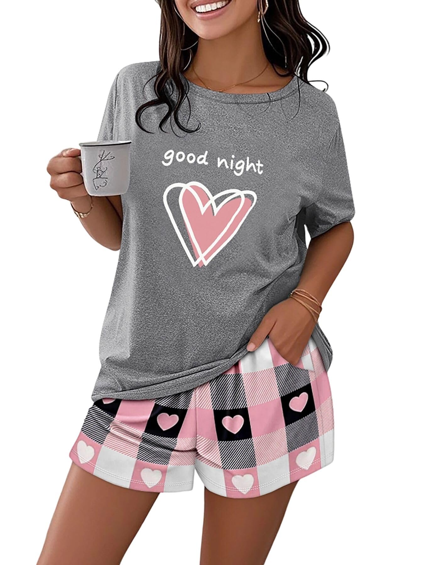 CHICME Pajamas Set for Women 2 Piece Pjs Lounge Set Soft Short Sleeve Tops and Sleep Shorts with Pocket