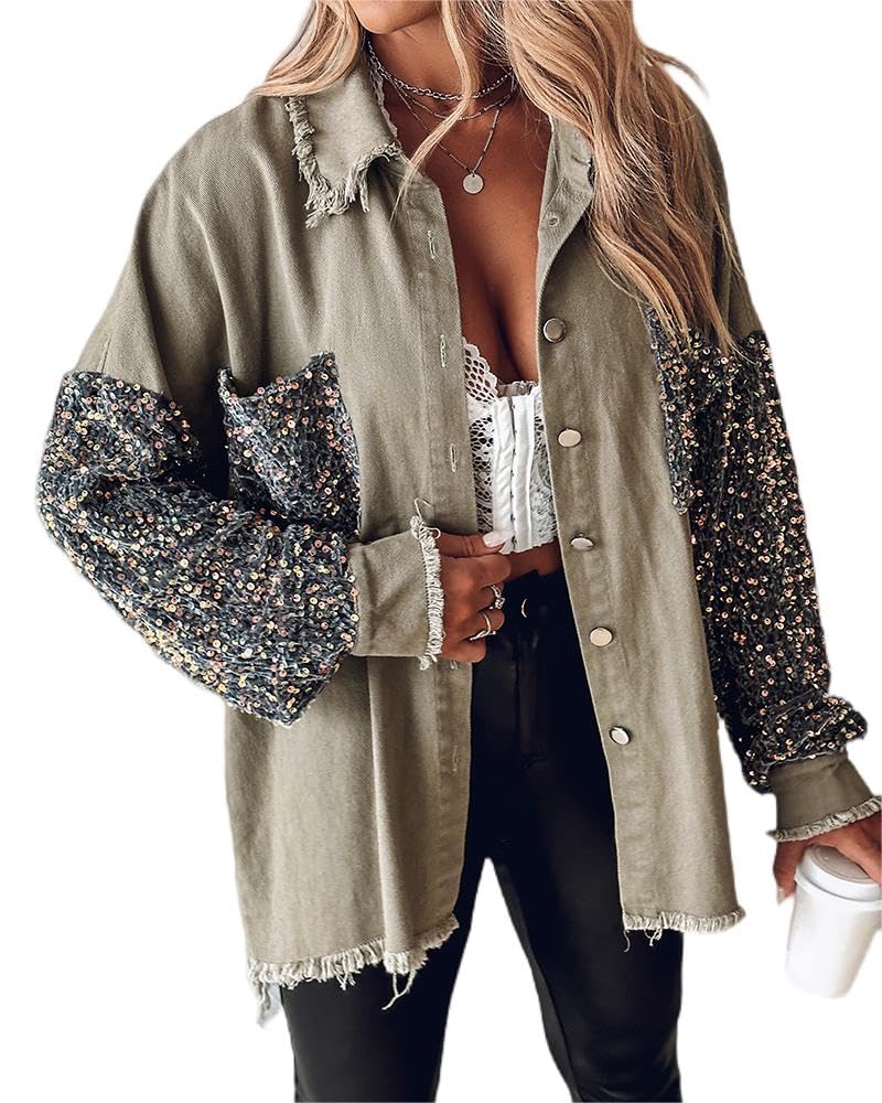 CHICME Womens Jacket Sequin Patchwork Long Sleeve Casual Jacket Fall Outfits Top Raw Hem Button Front Oversized Denim Shacket