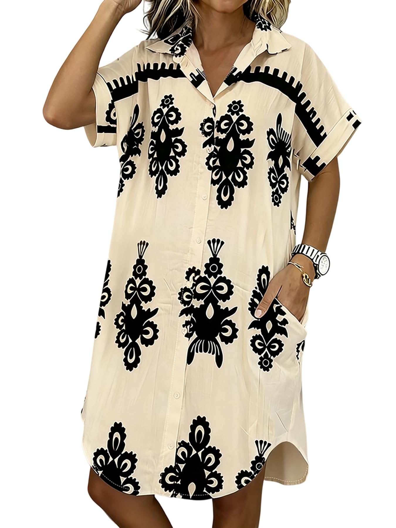 CHICME Womens Vintage Dress 2026 Short Sleeve Button Down Baroque Print Casual Summer Vacation Dress-Ap-L Apricot