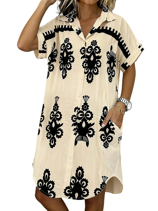 CHICME Womens Vintage Dress 2026 Short Sleeve Button Down Baroque Print Casual Summer Vacation Dress-Ap-L Apricot