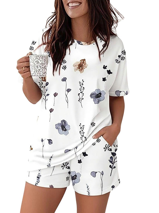 CHICME 2 Pieces Outfit Round Neck Short Sleeve Top and Elastic Waist Shorts Set Casual Watercolor Floral Print Pajamas Set-w-M