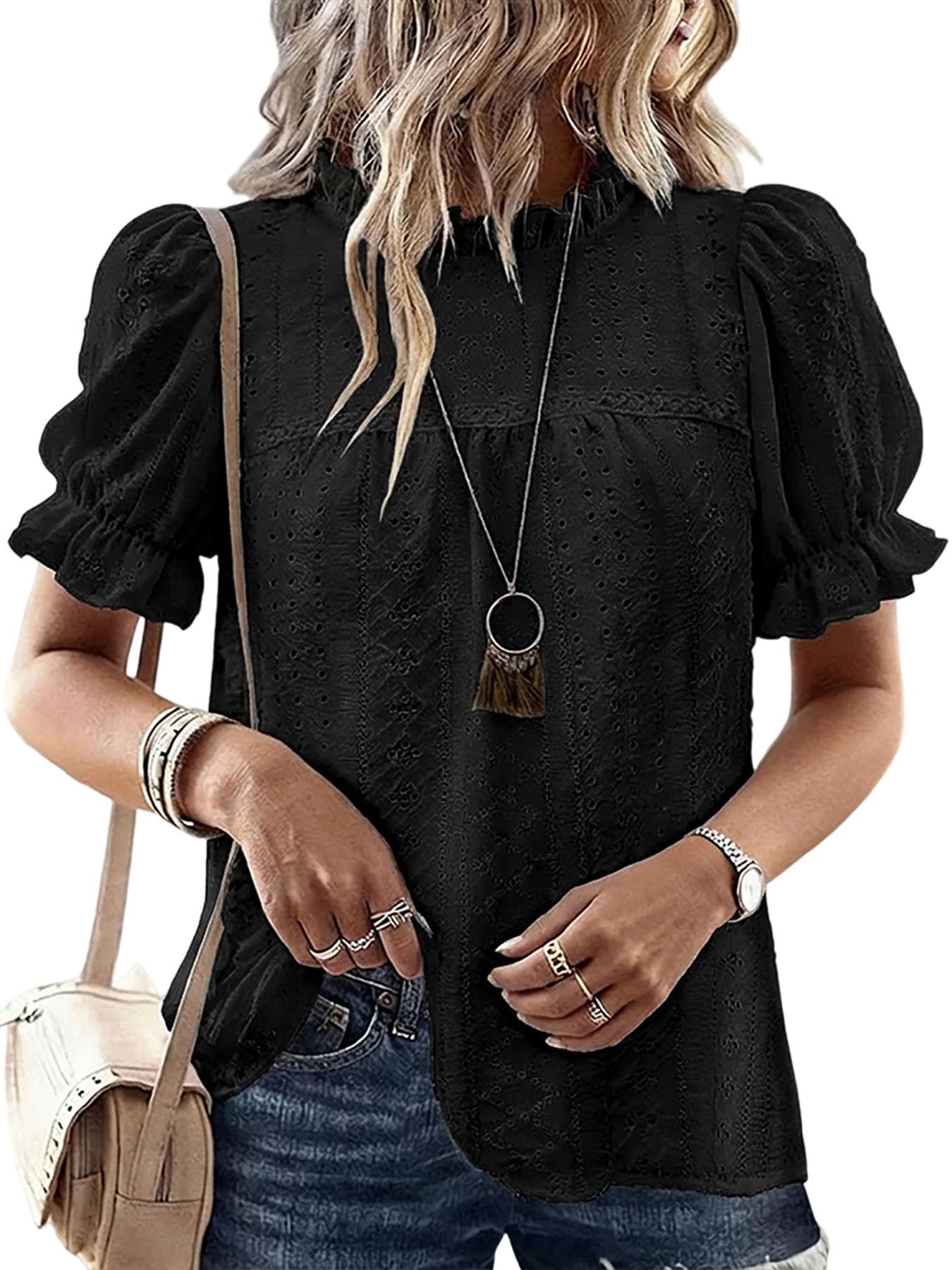 CHICME Women's Elegant Eyelet Mock Neck Puff Sleeve Blouse Casual Summer Hollow Out Embroidered Pullover Top-bk-L Black