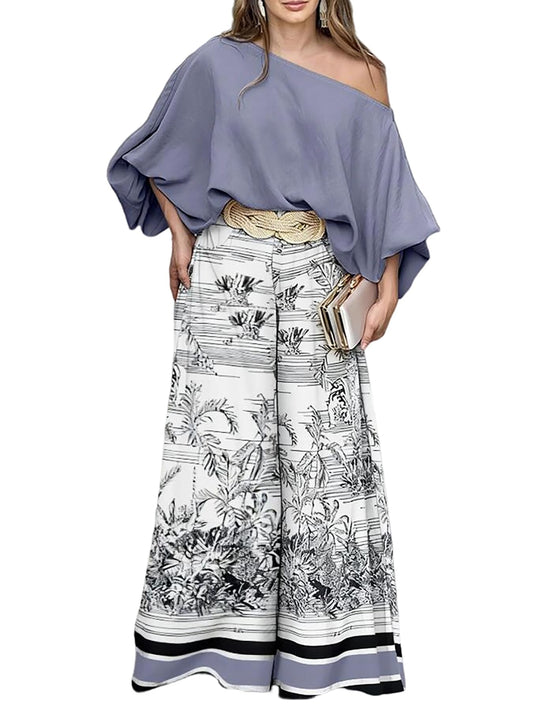 CHICME 2 Pieces Outfit Skew Neck Batwing Sleeve Loose Fit Top and Plants Print Zipper Fly Colorblock Striped Trim Wide Leg Pants Set without Belt