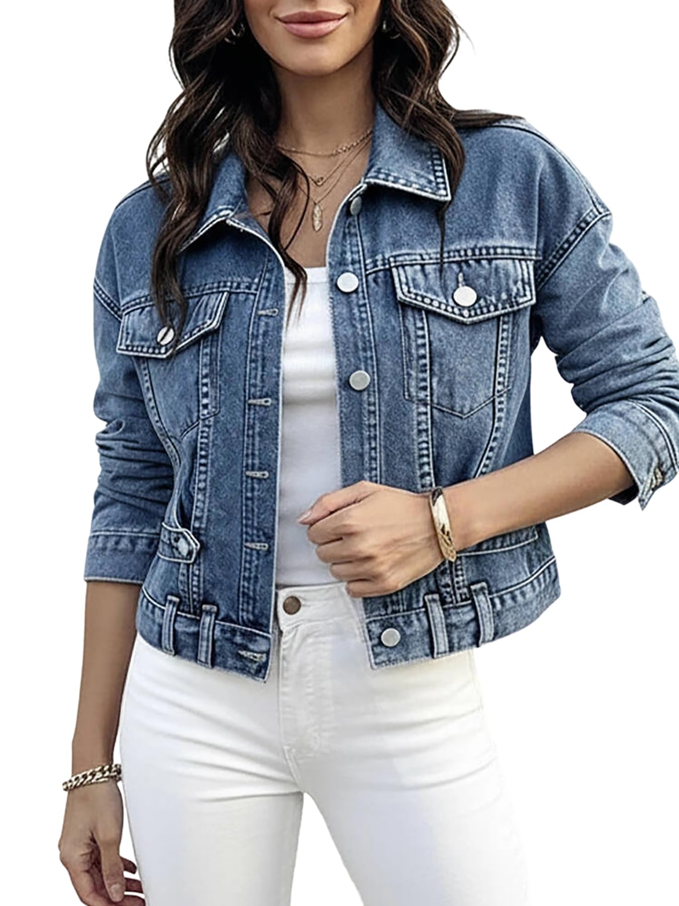 CHICME Women¡¯s Casual Cropped Denim Jacket Button Down Long Sleeve Jean Jacket Cinched Waist Washed Denim Coat