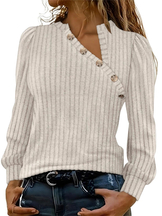 CHICME Women's Casual Ribbed Knit Long Sleeve Top 2026 Asymmetric V Neck Blouse with Decorative Buttons-Ap-L Apricot