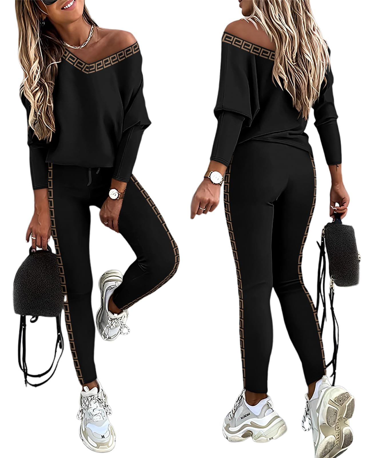 CHICME Two Piece Outfit for Women Geo Tape Patch Gigot Sleeve Top & Pants Set Stylish Lounge Set