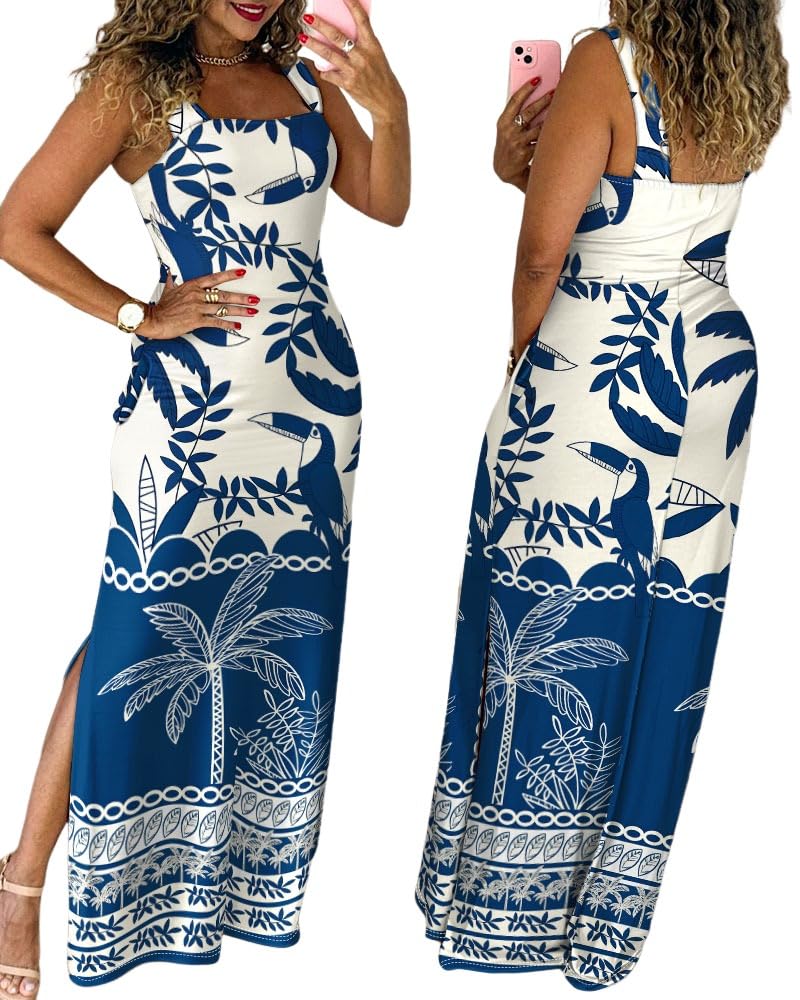 CHICME Women's Summer Maxi Dress Casual Thick Strap Square Neck Boho Sundress Split Travel Vacation Dresses with Pockets
