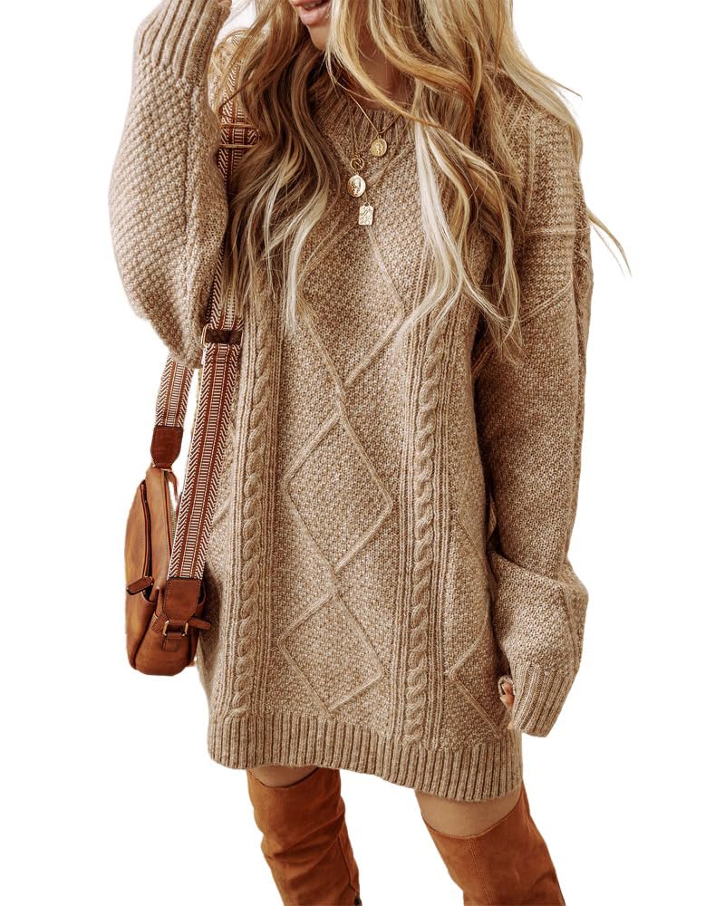 CHICME Women Round Neck Long Sleeve Sweater Dress Cable Knit Casual Loose Fit Pullover Fall Winter Sweaters Mini Dress