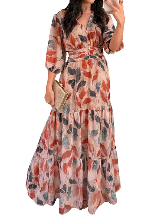 CHICME Women¡¯s Summer Boho Maxi Dress V Neck 3/4 Puff Sleeve Floral Print Casual Vacation Beach Long Dress-mu-L