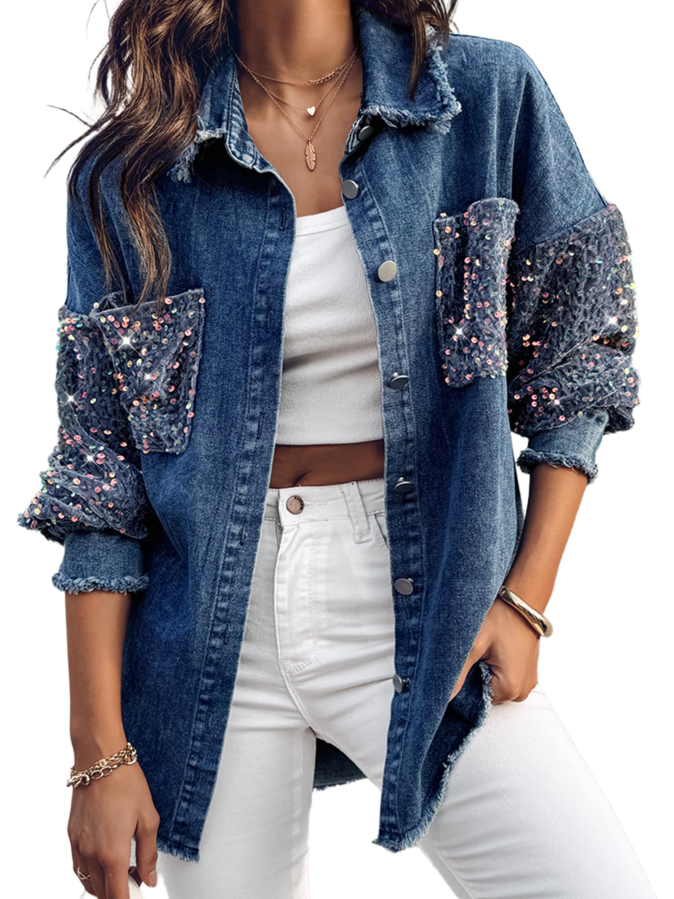 CHICME Womens Casual Denim Jacket Contrast Sequin Long Sleeve Rhinestone Denim Jackets