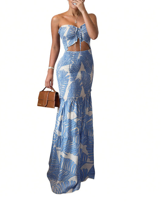 CHICME Floral Printed Prom Dress Drawstring Ruched Shirred Bandeau Party Dress Slim Fit Ruffle Hem Wedding Guest Dresses