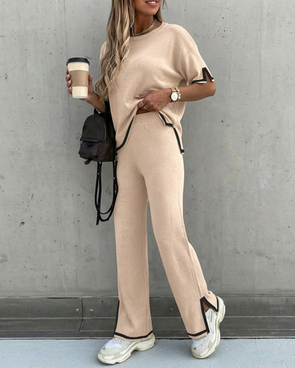 Mayra_zelaya_  Women's 2 Piece Outfits Short Sleeve Knit Pullover Sweater Top Straight Leg Pants Loungewear Set