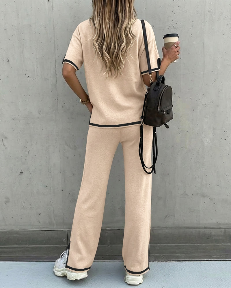 Mayra_zelaya_  Women's 2 Piece Outfits Short Sleeve Knit Pullover Sweater Top Straight Leg Pants Loungewear Set