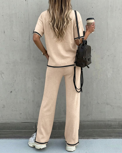 Mayra_zelaya_  Women's 2 Piece Outfits Short Sleeve Knit Pullover Sweater Top Straight Leg Pants Loungewear Set