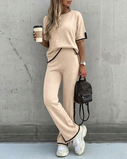 Mayra_zelaya_  Women's 2 Piece Outfits Short Sleeve Knit Pullover Sweater Top Straight Leg Pants Loungewear Set