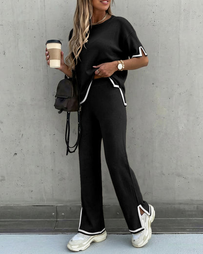 Emmy_chiz21 Women's 2 Piece Outfits Short Sleeve Knit Pullover Sweater Top Straight Leg Pants