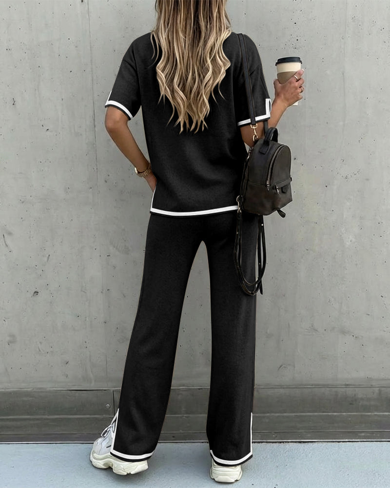 Emmy_chiz21 Women's 2 Piece Outfits Short Sleeve Knit Pullover Sweater Top Straight Leg Pants